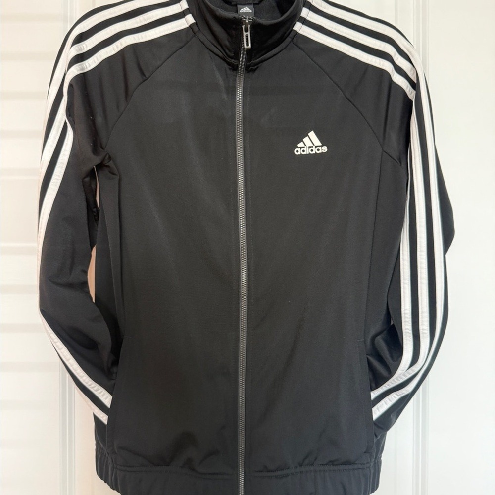 Adidas Track Jacket Black‎ White 3 Stripes Full Zip Athletic Women's
